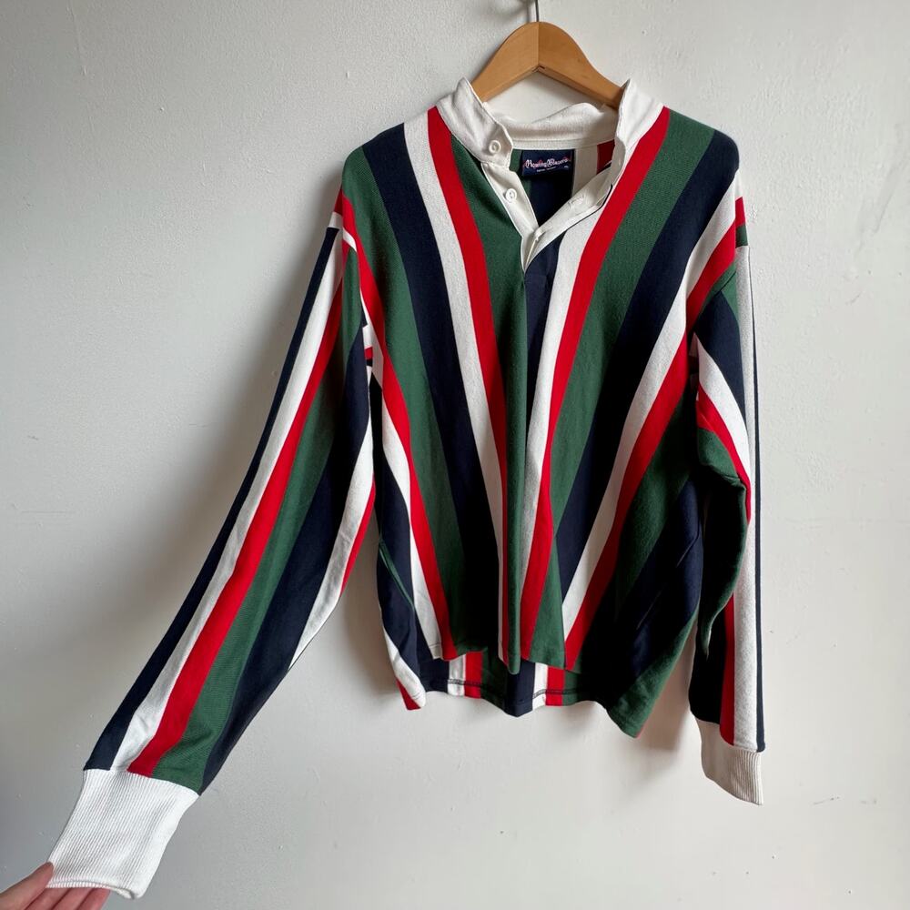 ROWING BLAZERS Men's Red & Green Vertical Stripe Rugby Shirt